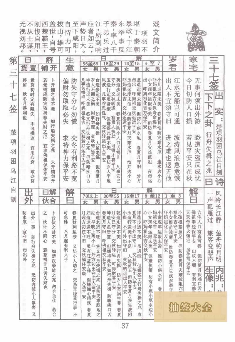 佛祖灵签 第 37 签：项羽困乌江自刎 下下签